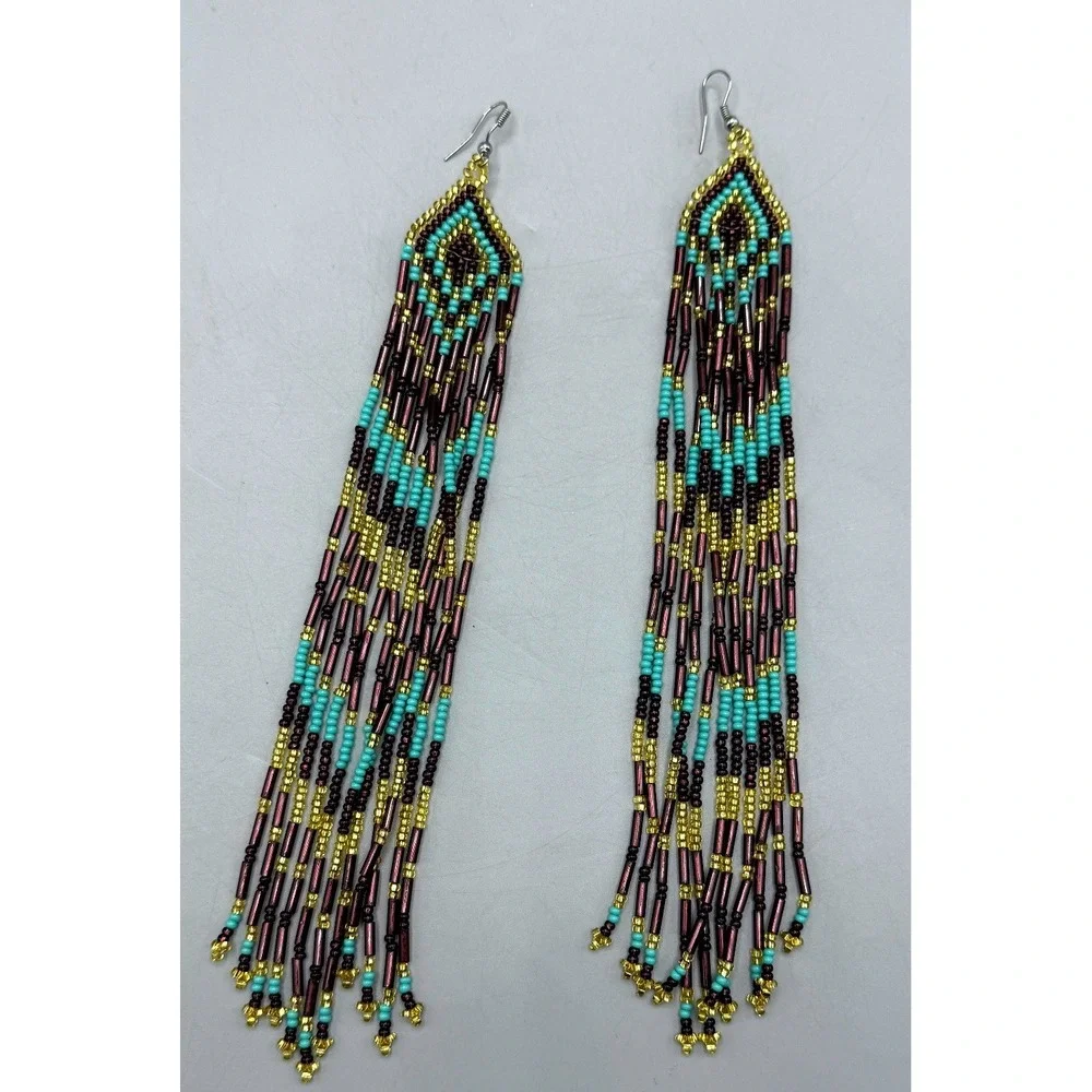 Handmade Seed Bead Fringe Earrings Turquoise Gold Dark Purple Chevron Boho 8.25